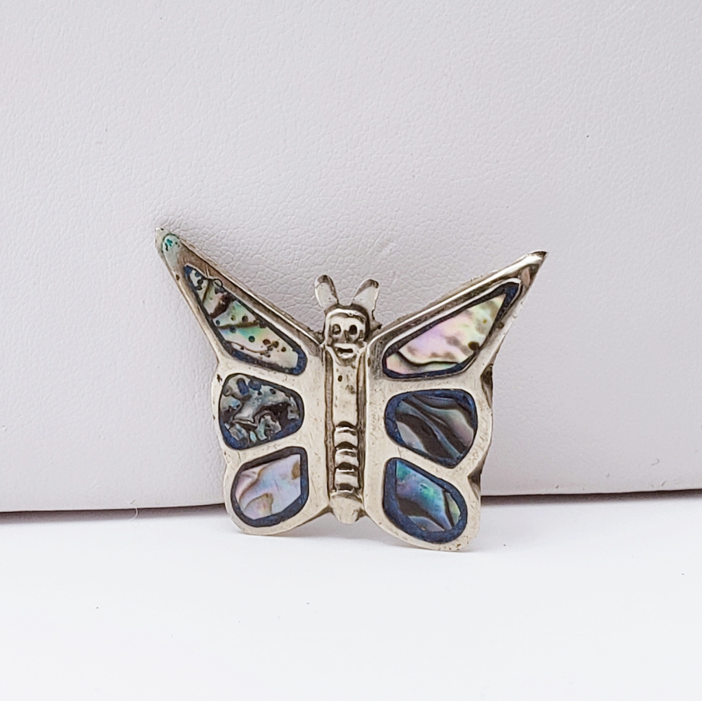 Butterfly Pendant Brooch With Mop Inlay Silver Tone